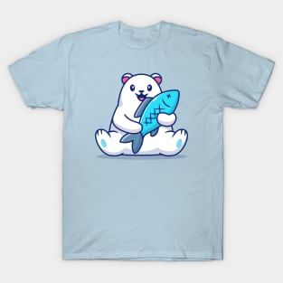 Cute Polar Bear Holding Big Fish Cartoon T-Shirt